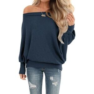 BNWT Off The Shoulder Oversized Waffle Knit Top XL Navy Blue